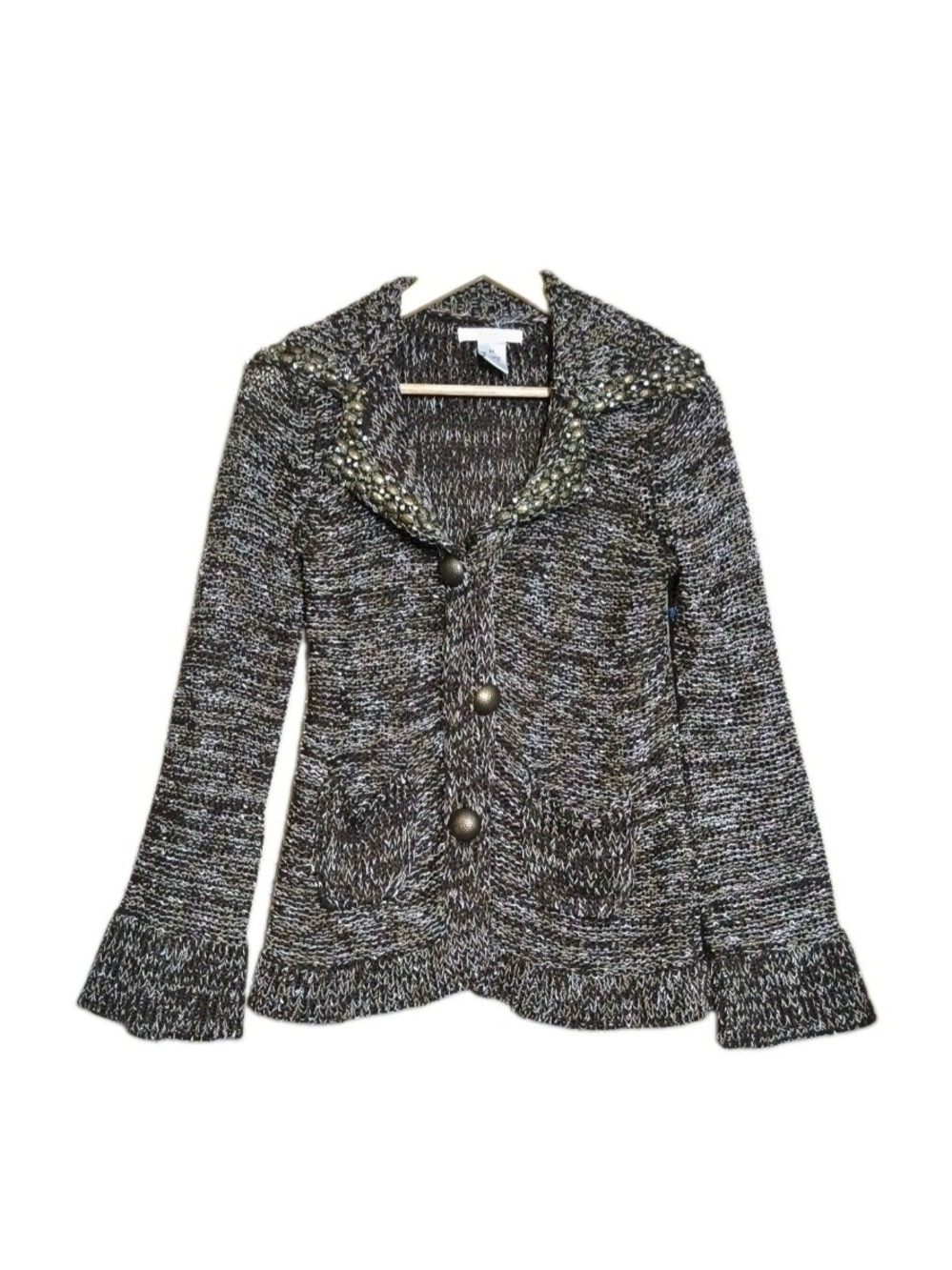 Vertigo Paris M Beaded Marled Knit Cardigan Bell Sleeve Y2K
